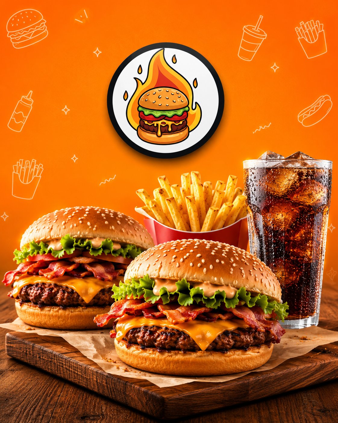 Combo Especial de Aniversário da Racha's Burguer: 2 hambúrgueres bacon, batata frita 200g e Coca-Cola 1L